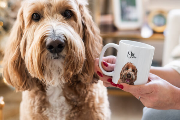 Goldendoodle Ollie with Dear Elly creator Kelly Page, showing her personalized dog mom coffee mug gifts.